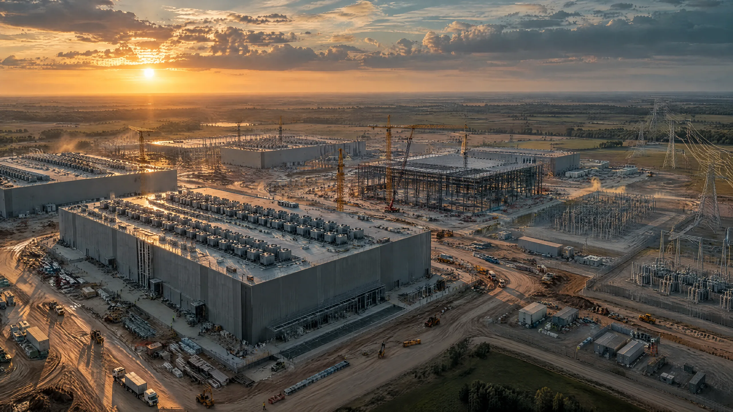 Aerial view at sunset of a large data-centre campus under construction, with cranes, a substation and power lines