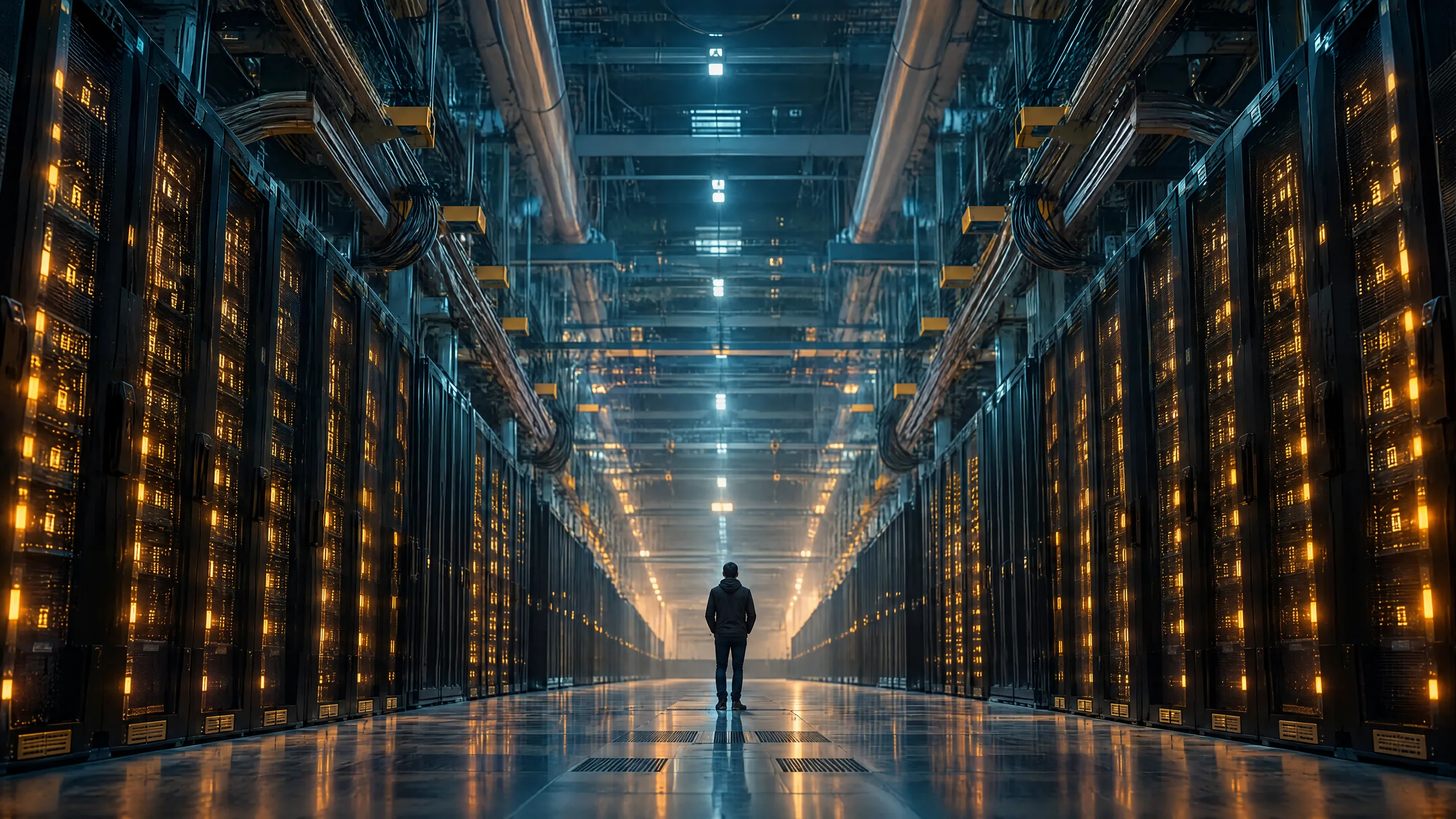 An AI data-centre hall at night, rows of server racks with amber lights and a lone engineer in the aisle