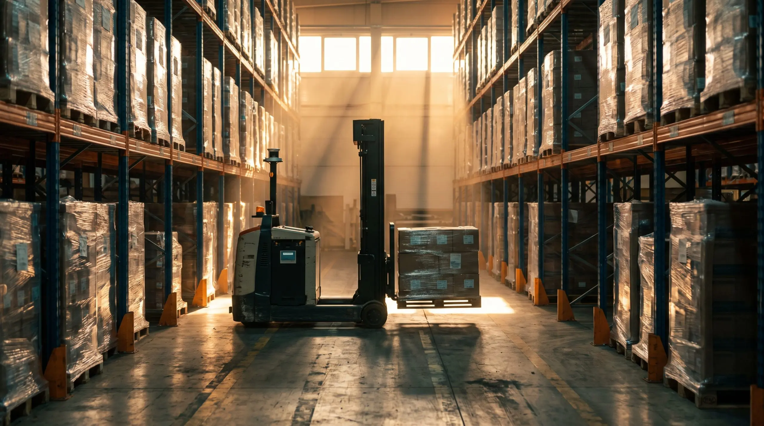 An autonomous fork truck with no seat, no steering wheel and no cab, carrying a pallet down a warehouse aisle