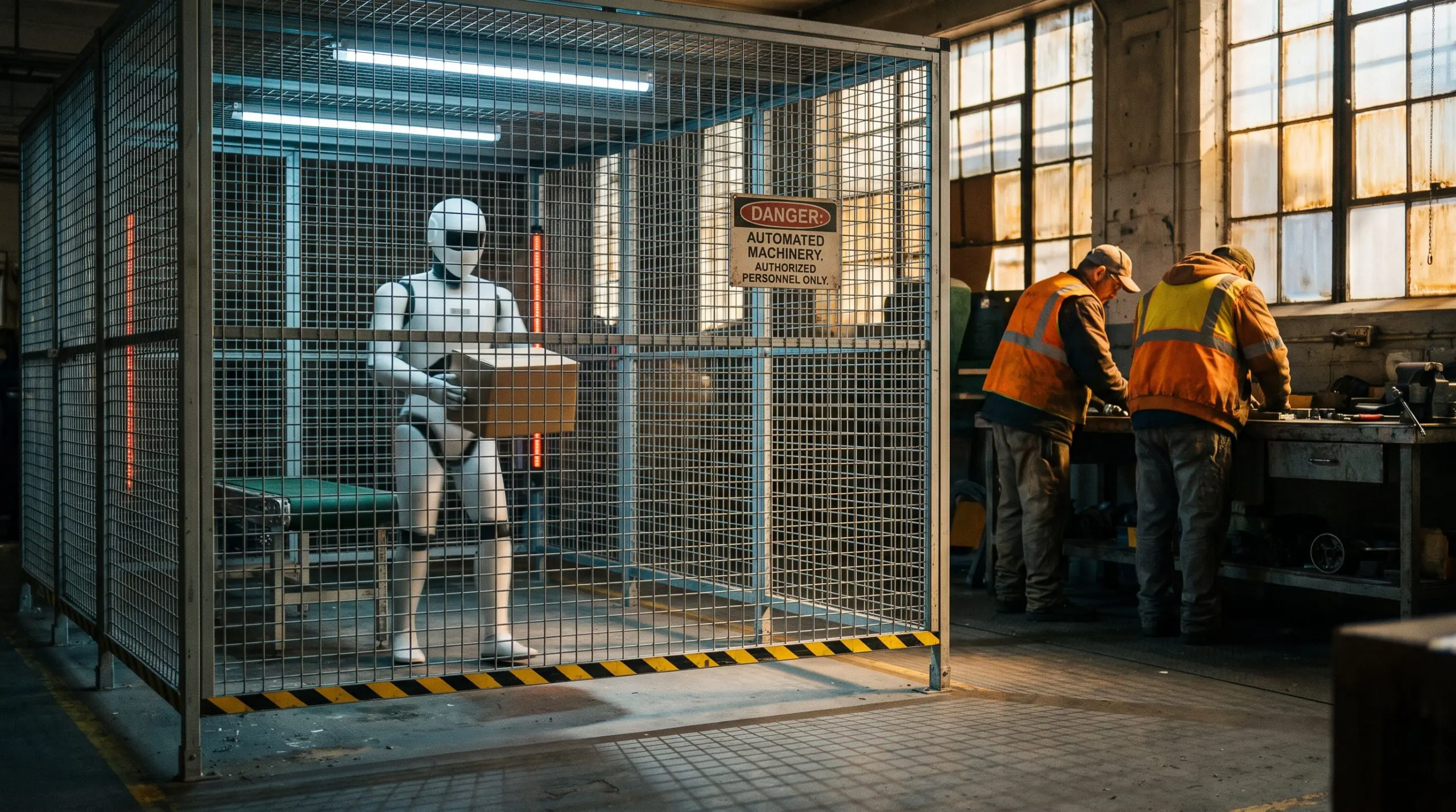 A humanoid robot working inside a fenced safety cell while two workers continue at a bench outside the barrier