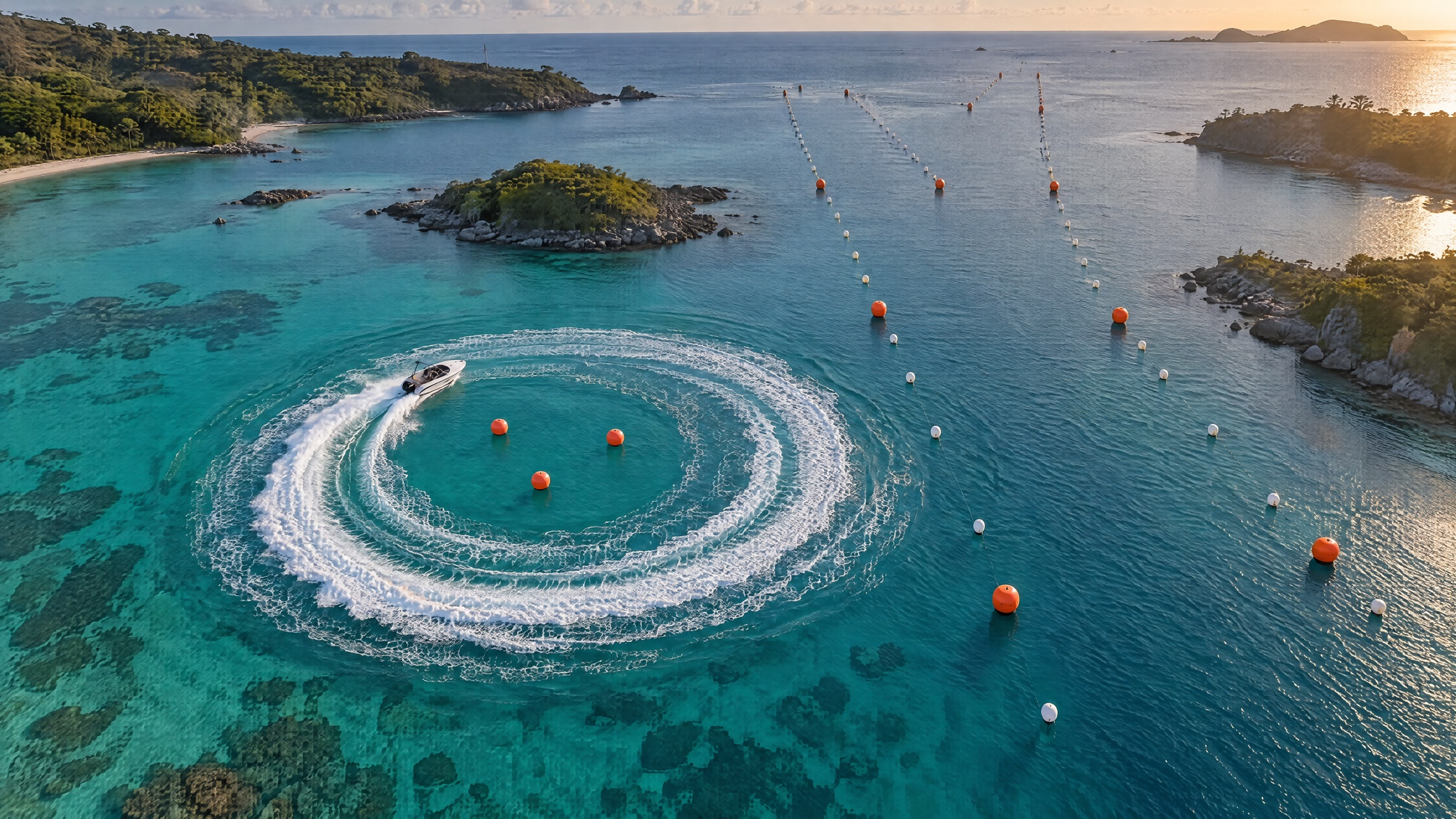 A boat circling three target buoys in a lagoon while the race course stays empty